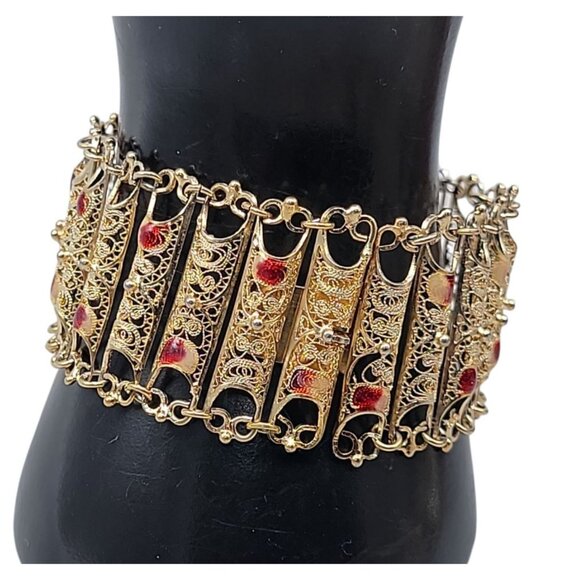 Electroplated Gold on 800 Silver Filigree Panel Bracelet Red White Accents 7.25" - Picture 13 of 15